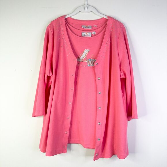 Quacker Factory Twin Set Women L Pink Cotton Embellished Beach Chair Y2K Vintage - Picture 1 of 11